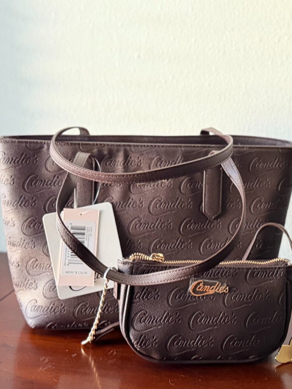 Candie's Olivia French Roast Brown Logo Tote Bag with Matching Pouch NWT